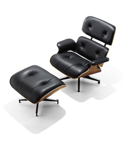 A black leather Eames lounge chair.