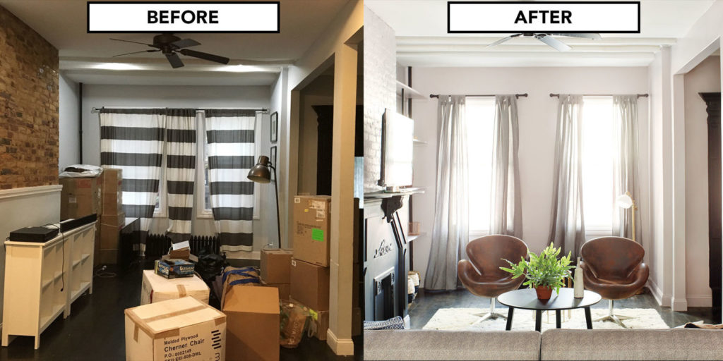 Comparison of a room before and after renovation.