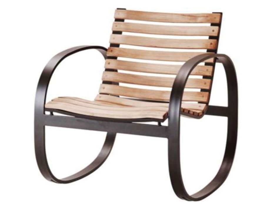A wooden rocking chair with metal frame.
