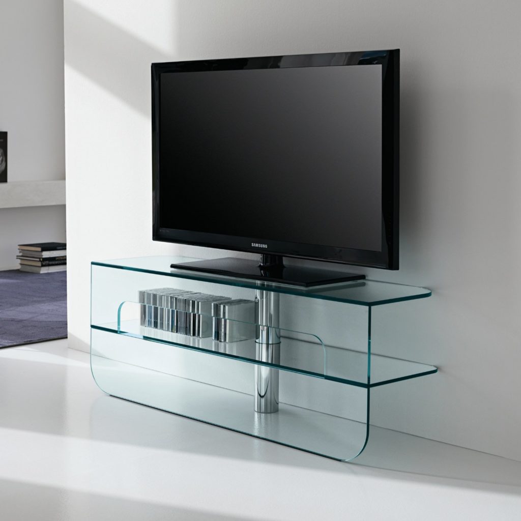 Minimalist floating glass TV cabinet.