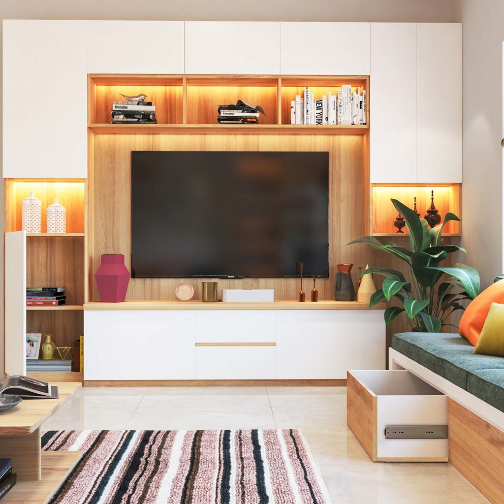TV cabinets with wooden overhead storage.