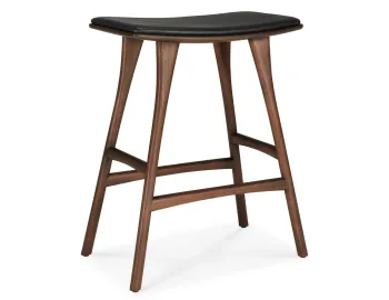 Ethnicraft Osso Counter Stool Teak Brown Black Leather