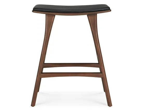 Ethnicraft Osso Counter Stool Teak Brown Black Leather