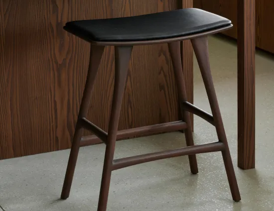Ethnicraft Osso Counter Stool Teak Brown Black Leather