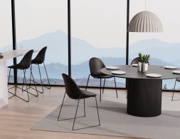 Pebble Rail 4pole Chairs Stools Black Leather Dining Setting