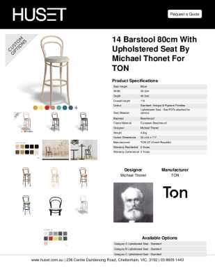Tear Sheet: 14 Barstool 80cm with Upholstered Seat by Michael Thonet for TON
