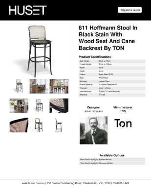 Tear Sheet: 811 Hoffmann Stool in Black Stain with Wood Seat and Cane Backrest by TON