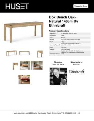 Tear Sheet: Bok Bench Oak-Natural 146cm by Ethnicraft