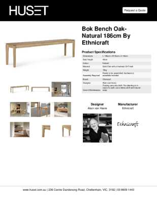 Tear Sheet: Bok Bench Oak-Natural 186cm by Ethnicraft