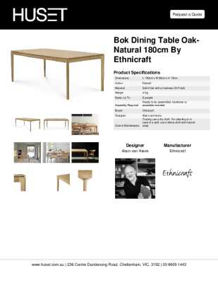 Tear Sheet: Bok Dining Table Oak-Natural 180cm by Ethnicraft
