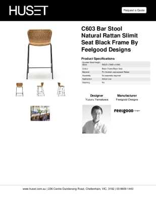 Tear Sheet: C603 Bar Stool Natural Rattan Slimit Seat Black Frame by Feelgood Designs
