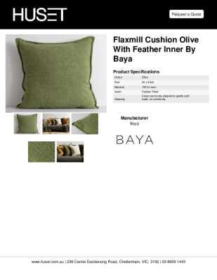 Tear Sheet: Flaxmill Cushion Olive with Feather Inner by Baya