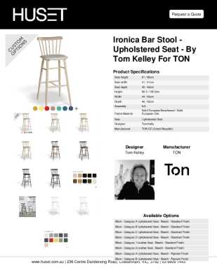Tear Sheet: Ironica Bar Stool - Upholstered Seat - by Tom Kelley for TON