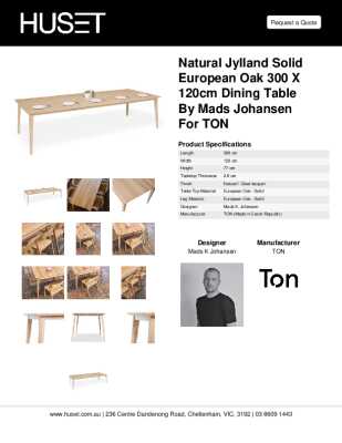 Tear Sheet: Natural Jylland Solid European Oak 300 x 120cm Dining Table by Mads Johansen for TON