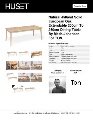 Tear Sheet: Natural Jylland Solid European Oak Extendable 200cm to 260cm Dining Table by Mads Johansen for TON