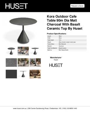 Tear Sheet: Kora Outdoor Cafe Table 90m Dia Matt Charcoal with Basalt Ceramic Top by Huset