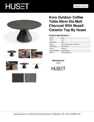 Tear Sheet: Kora Outdoor Coffee Table 90cm Dia Matt Charcoal with Basalt Ceramic Top by Huset