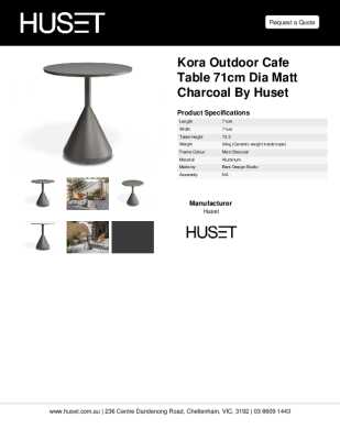 Tear Sheet: Kora Outdoor Cafe Table 71cm Dia Matt Charcoal by Huset