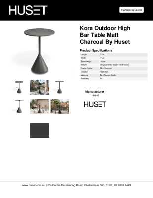 Tear Sheet: Kora Outdoor High Bar Table Matt Charcoal by Huset