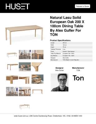 Tear Sheet: Natural Lasu Solid European Oak 200 x 100cm Dining Table by Alex Gufler for TON