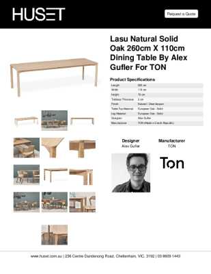 Tear Sheet: Lasu Natural Solid Oak 260cm X 110cm Dining Table by Alex Gufler for TON
