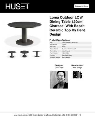 Tear Sheet: Loma Outdoor LOW Dining Table 120cm Charcoal with Basalt Ceramic Top by Bent Design