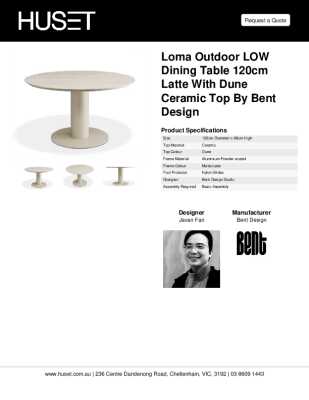 Tear Sheet: Loma Outdoor LOW Dining Table 120cm Latte with Dune Ceramic Top by Bent Design