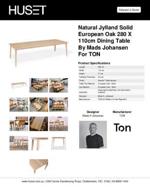 Tear Sheet: Natural Jylland Solid European Oak 280 x 110cm Dining Table by Mads Johansen for TON