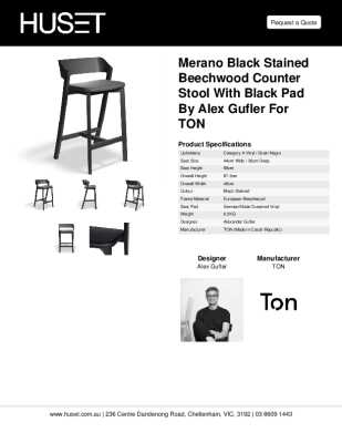 Tear Sheet: Merano Black Stained Beechwood Counter Stool with Black Pad by Alex Gufler for TON