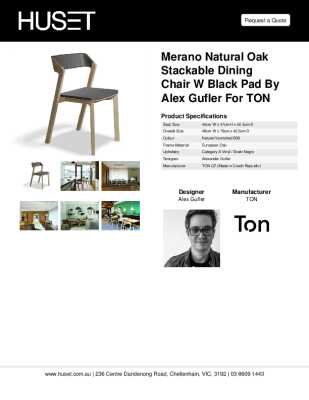 Tear Sheet: Merano Natural Oak Stackable Dining Chair w Black Pad by Alex Gufler for TON