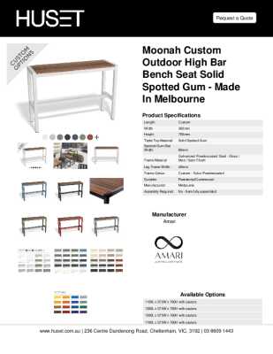 Tear Sheet: Moonah Custom Outdoor High Bar Bench Seat Solid Spotted Gum - Made in Melbourne