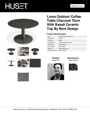 Tear Sheet: Loma Outdoor Coffee Table Charcoal 70cm with Basalt Ceramic Top by Bent Design