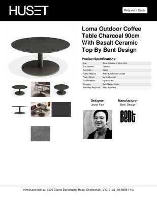 Tear Sheet: Loma Outdoor Coffee Table Charcoal 90cm with Basalt Ceramic Top by Bent Design