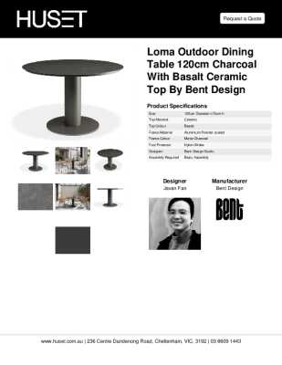 Tear Sheet: Loma Outdoor Dining Table 120cm Charcoal with Basalt Ceramic Top by Bent Design