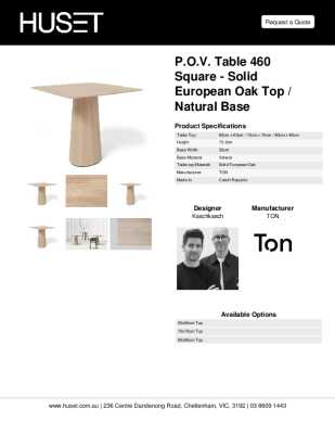 Tear Sheet: P.O.V. Table 460 Square - Solid European Oak Top / Natural Base