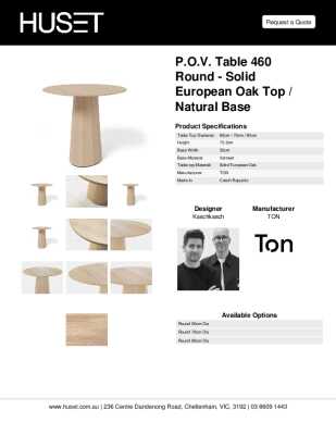 Tear Sheet: P.O.V. Table 460 Round - Solid European Oak Top / Natural Base