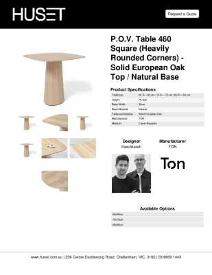 Tear Sheet: P.O.V. Table 460 Square (Heavily Rounded Corners) - Solid European Oak Top / Natural Base