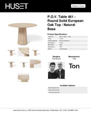 Tear Sheet: P.O.V. Table 461 - Round Solid European Oak Top / Natural Base