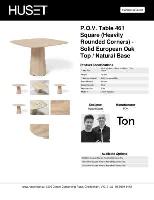 Tear Sheet: P.O.V. Table 461 Square (Heavily Rounded Corners) - Solid European Oak Top / Natural Base 