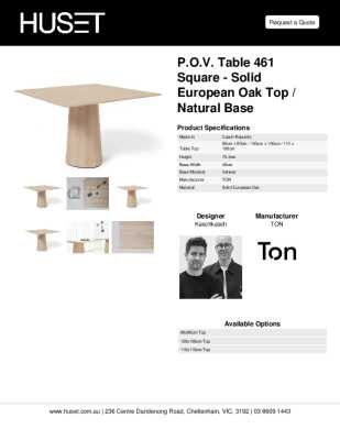 Tear Sheet: P.O.V. Table 461 Square - Solid European Oak Top / Natural Base