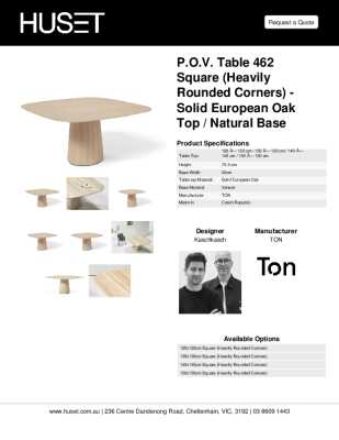 Tear Sheet: P.O.V. Table 462 Square (Heavily Rounded Corners) - Solid European Oak Top / Natural Base