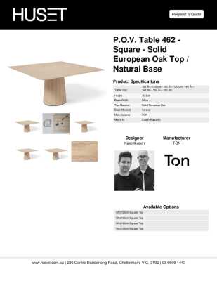Tear Sheet: P.O.V. Table 462 - Square - Solid European Oak Top / Natural Base