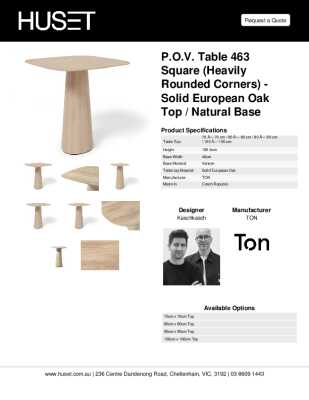 Tear Sheet: P.O.V. Table 463 Square (Heavily Rounded Corners) - Solid European Oak Top / Natural Base