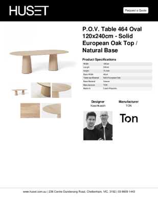 Tear Sheet: P.O.V. Table 464 Oval 120x240cm - Solid European Oak Top / Natural Base