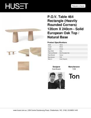 Tear Sheet: P.O.V. Table 464 Rectangle (Heavily Rounded Corners) 120cm x 240cm -  Solid European Oak Top / Natural Base 