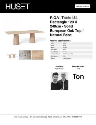 Tear Sheet: P.O.V. Table 464 Rectangle 120 x 240cm - Solid European Oak Top / Natural Base