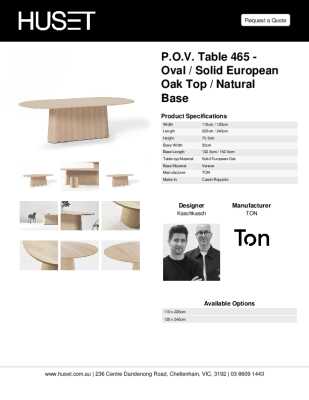 Tear Sheet: P.O.V. Table 465 - Oval / Solid European Oak Top / Natural Base