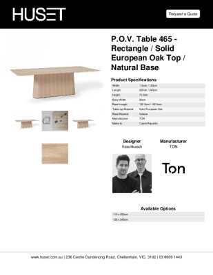 Tear Sheet: P.O.V. Table 465 - Rectangle / Solid European Oak Top / Natural Base