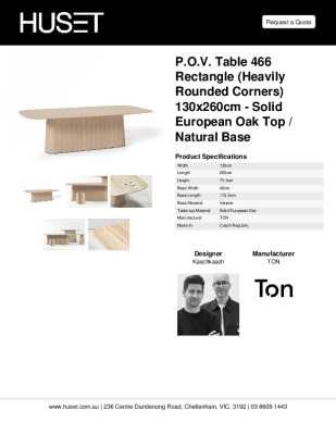 Tear Sheet: P.O.V. Table 466 Rectangle (Heavily Rounded Corners) 130x260cm - Solid European Oak Top / Natural Base