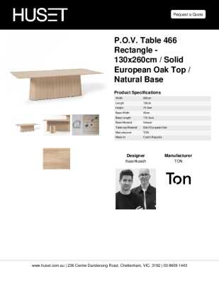 Tear Sheet: P.O.V. Table 466 Rectangle - 130x260cm / Solid European Oak Top / Natural Base